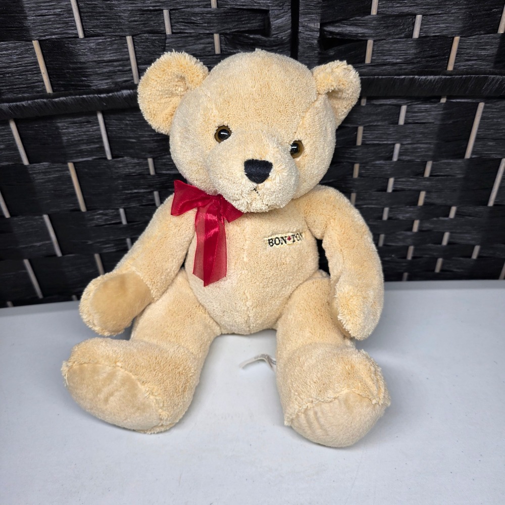 Bon-Ton Plush Teddy Bear Tan Soft Fur Red Ribbon 12 Inch Stuffed Animal Toy